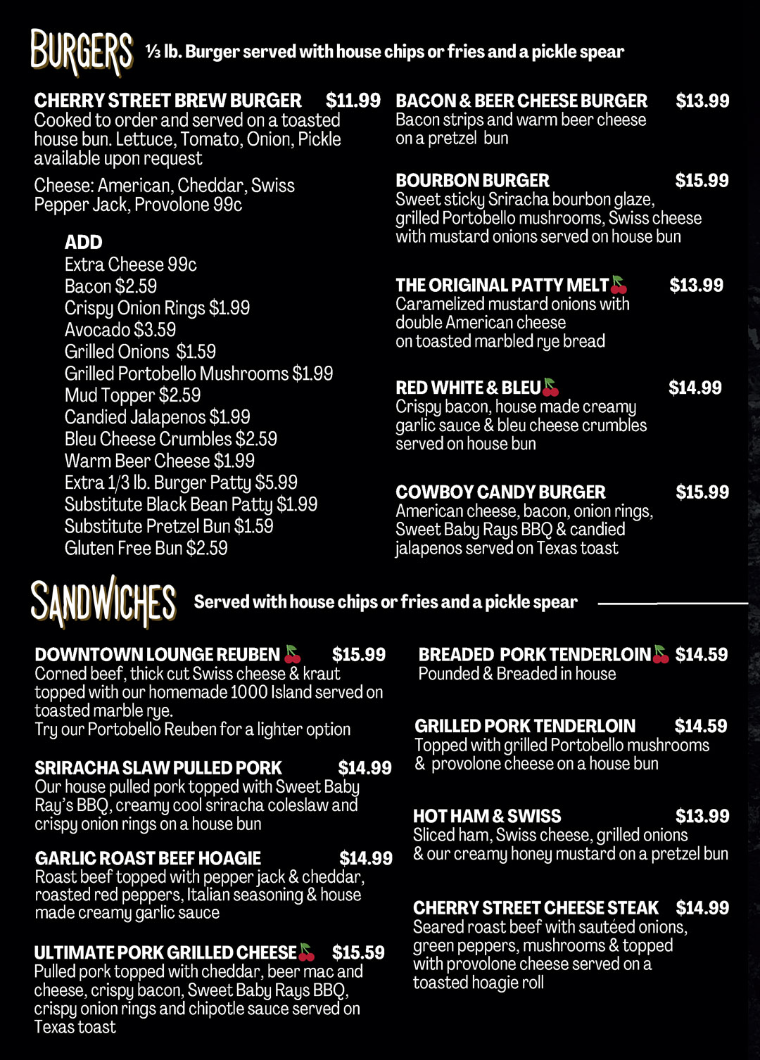 Cherry Street menu image Burgers page